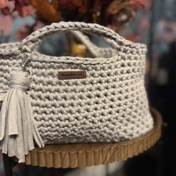Crochet grey tote bag with keychain 4