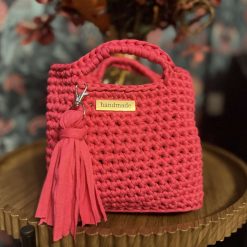 Crochet small pink tote bag with keychain