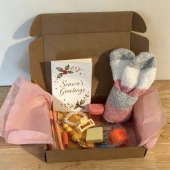 10 item Lucky dip mystery box perfect gift for her! (Christmas gift). Comes with greeting card with personalised message, plus cosy socks and optional hot chocolate pouch. surprise box, seasonal gift, self care gift.