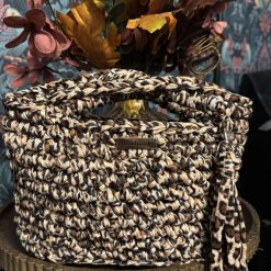 Crochet leopard print bag with handles and keychain