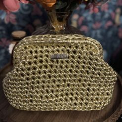 Handmade crochet gold metallic clutch bag