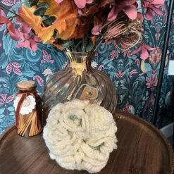 Oversized sage green and cream crochet scrunchie