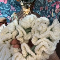 Oversized sage green and cream crochet scrunchie 1