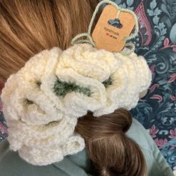 Oversized sage green and cream crochet scrunchie 2