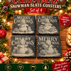 🎄 MERRY CHRISTMAS SNOWMAN SLATE COASTERS — SET OF 4 🎄