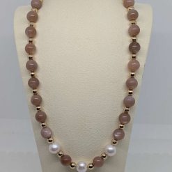 Mocha Moonstone Adjustable 304 Stainless Steel Necklace with Pearls & Silver Hematite