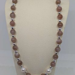 Mocha Moonstone Adjustable 304 Stainless Steel Necklace with Pearls & Silver Hematite